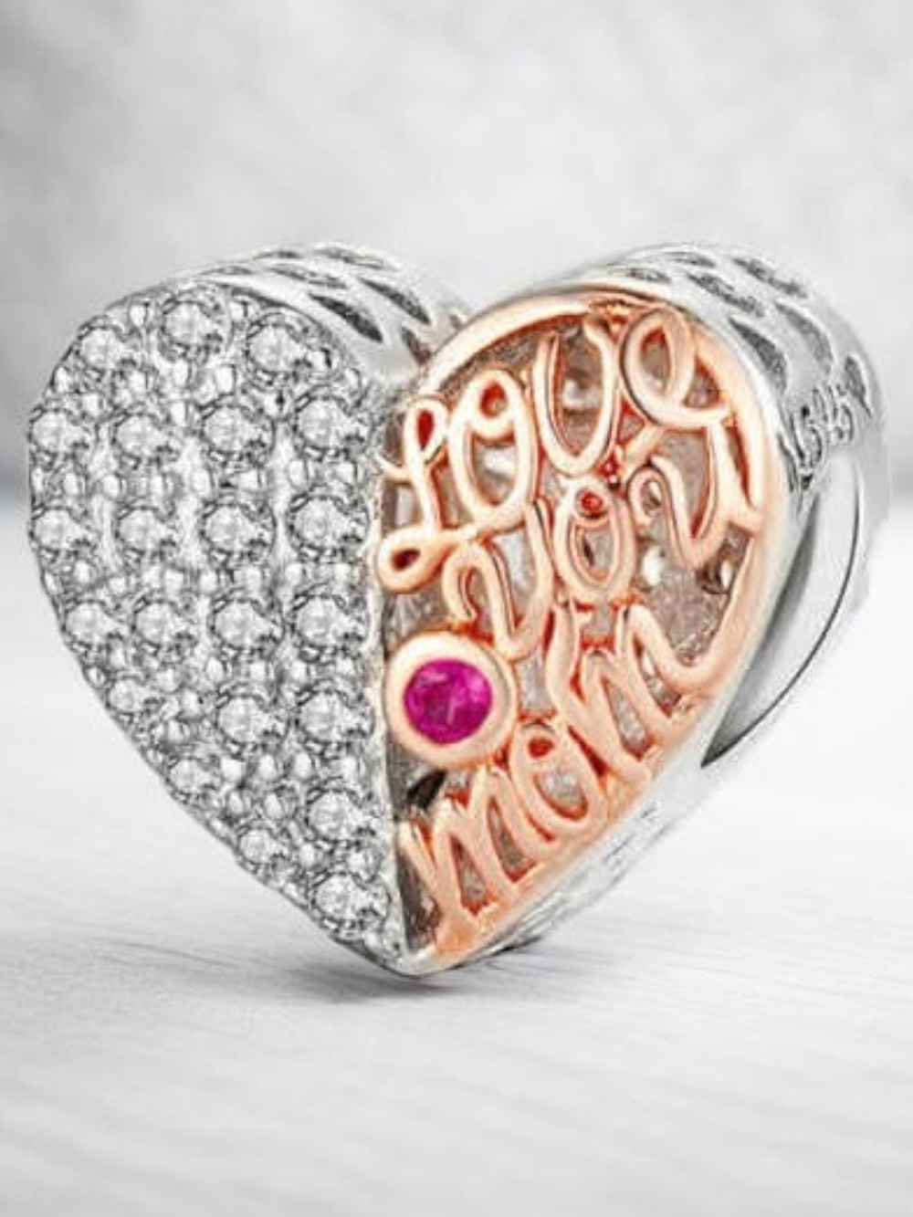 Love You Mom Heart Charm - Rose Gold & Silver (charm only)